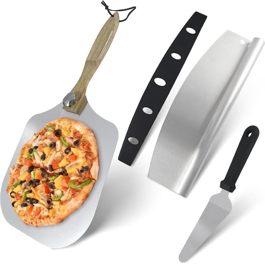 Aluminium Pizza Schep Set met Draaibare Houten Handgreep RVS Pizzasnijder en Kaasschep voor de Oven Ideaal voor Thuisgebruik en BBQ