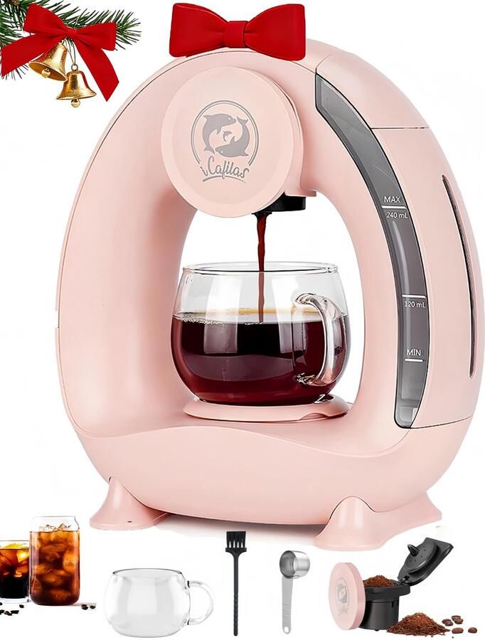 Americano Koffiezetapparaat voor gemalen koffie 2-in-1 koffiezetapparaat Mini One Cup koffiebrouwer theemaker met koffiefilter elektrisch koffiezetapparaat mini 120-240 ml roze