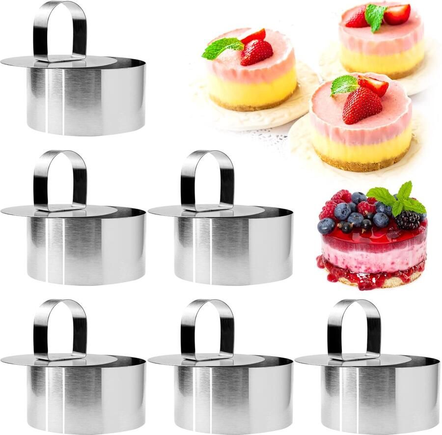 AMJKEJI 6 Stks Cake Ring Mallen Rvs Mousse Ringen Diameter 8cm Cirkel Cake Mold Ronde Dessert Non-Stick Bakken Gereedschap met Pusher voor Koken Crumpets Eieren Gebak Mousse