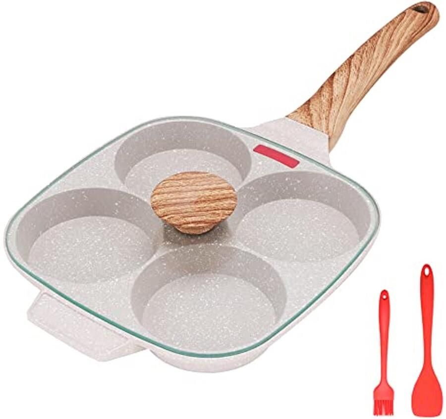 Anti-aanbak Eierpan met Deksel 4 Gaten Multi Koekenpan voor Ontbijt