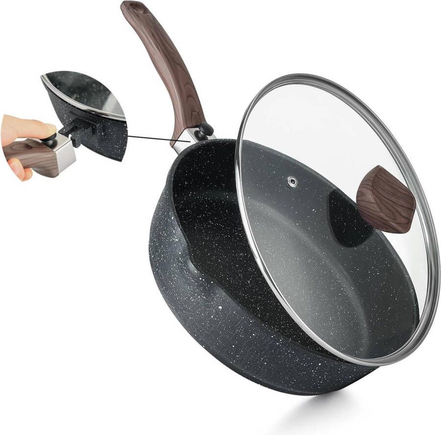 Anti-aanbak frituurpan met deksel 255 cm Koekenpan met afneembaar houten handvat Granieten steencoating Inductie kookgerei Compatibel met alle kookplaten PFOA-vrij