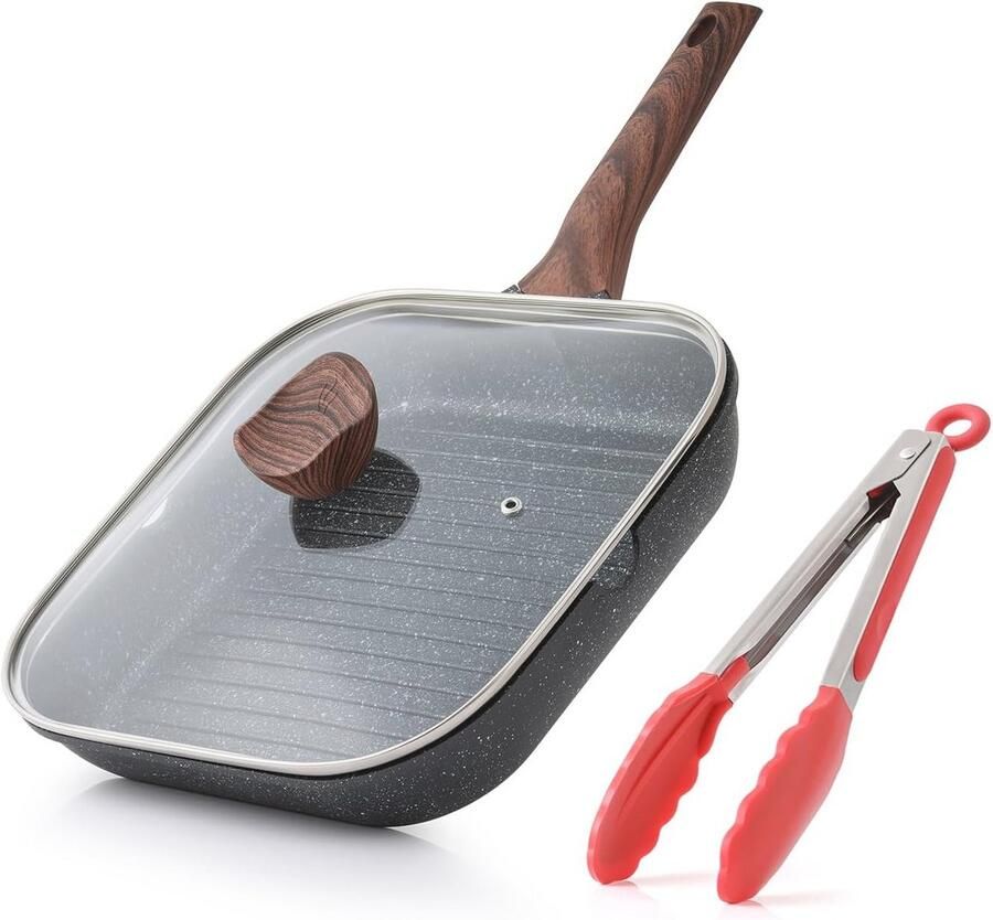 Anti-aanbak grillpan met deksel 24 cm vierkante grillpan voor binnen koken Granieten coating en inductie steakpan