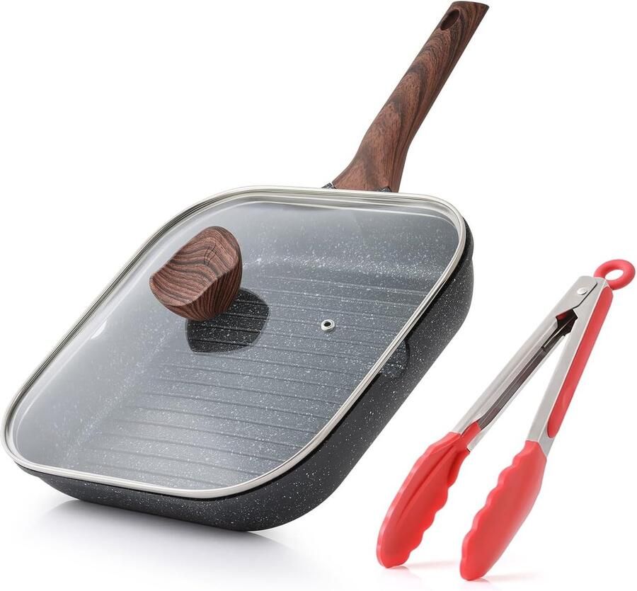 Anti-aanbak grillpan met deksel 24 cm vierkante koekenpan voor inductie en binnen koken