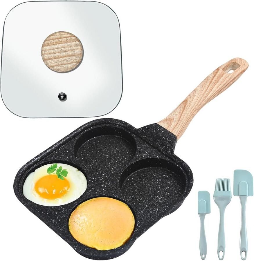 Anti-aanbak Spiegeleipan met 4 Gaten en Deksel Ideaal voor Eieren Burgers en Pannenkoeken Inclusief Silcoonborstel en Spatels