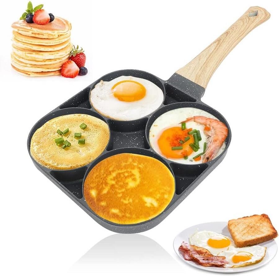Omeletpan met 4 gaten Eierpan Koekenpan Ontbijt Bereiden Antiaanbaklaag 30 x 24 cm Zwart - Foto 2