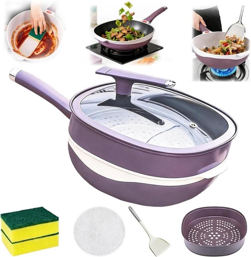 Anti-aanbakpan met deksel Koekenpan Wok Veelzijdig Koken Titanium Keramische Coating 30 cm Paars