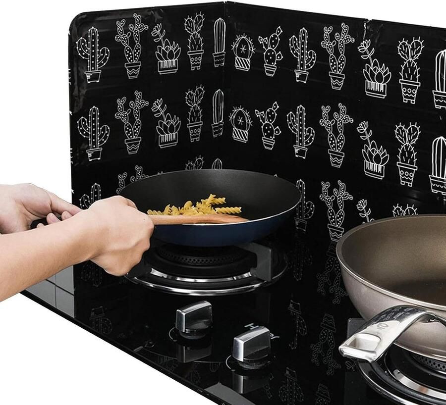 Anti-olie spatbord Kookplaat schild Rommelig koken Opvouwbaar ontwerp 325x84cm Zwart