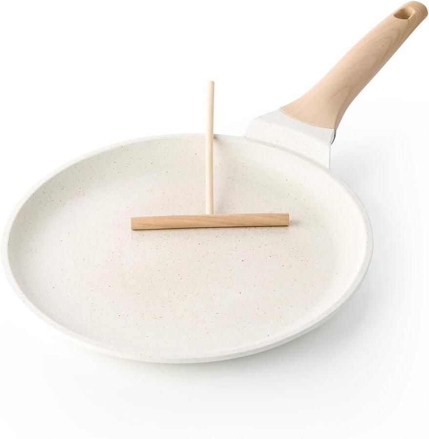 Antiaanbak Crêpepan 26 cm Dosa-pan met Spreider Platte Pannenkoekenpan met Gezonde Coating voor Kookplaat Geschikt voor Inductie PFOA-vrij Wit