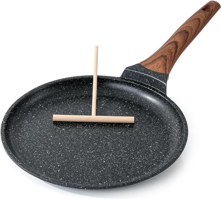 Antiaanbak Crêpepan 26 cm Dosa-pan met Spreider Platte Pannenkoekenpan met Gezonde Coating voor Kookplaat Geschikt voor Inductie PFOA-vrij Zwart