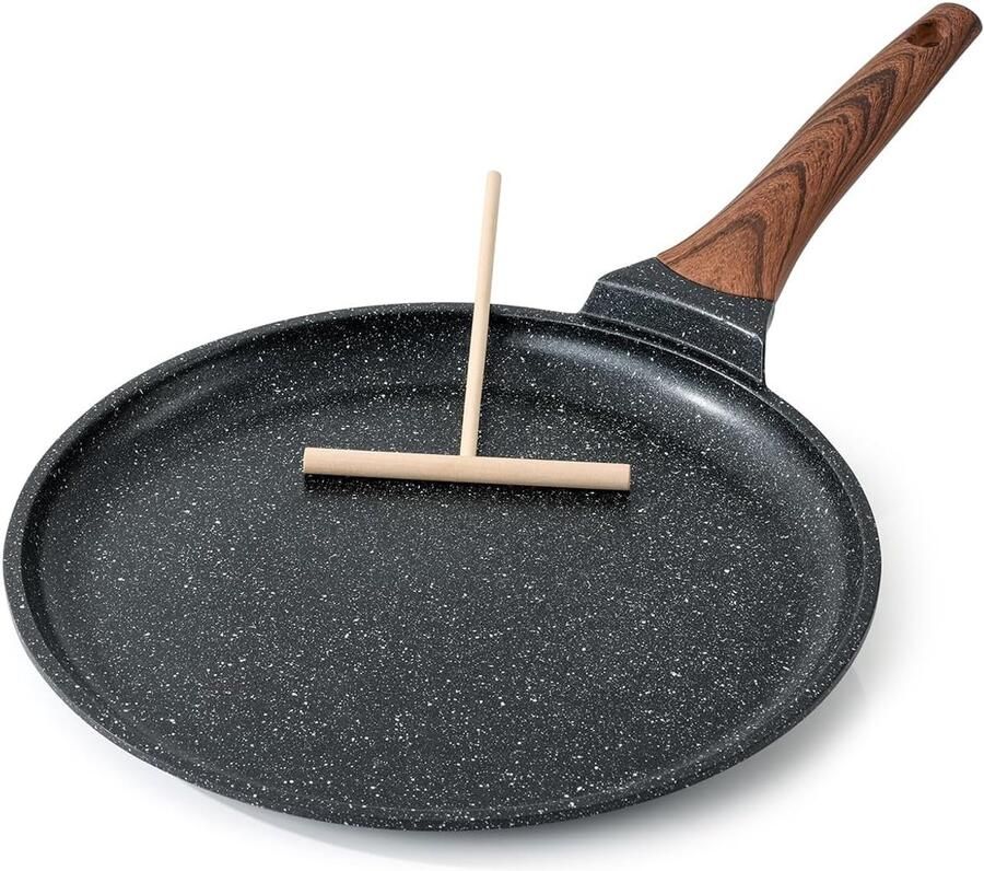 Antiaanbak Crêpepan 30 cm Dosa-pan met Spreider Platte Pannenkoekenpan met Gezonde Coating voor Kookplaat Geschikt voor Inductie PFOA-vrij Zwart