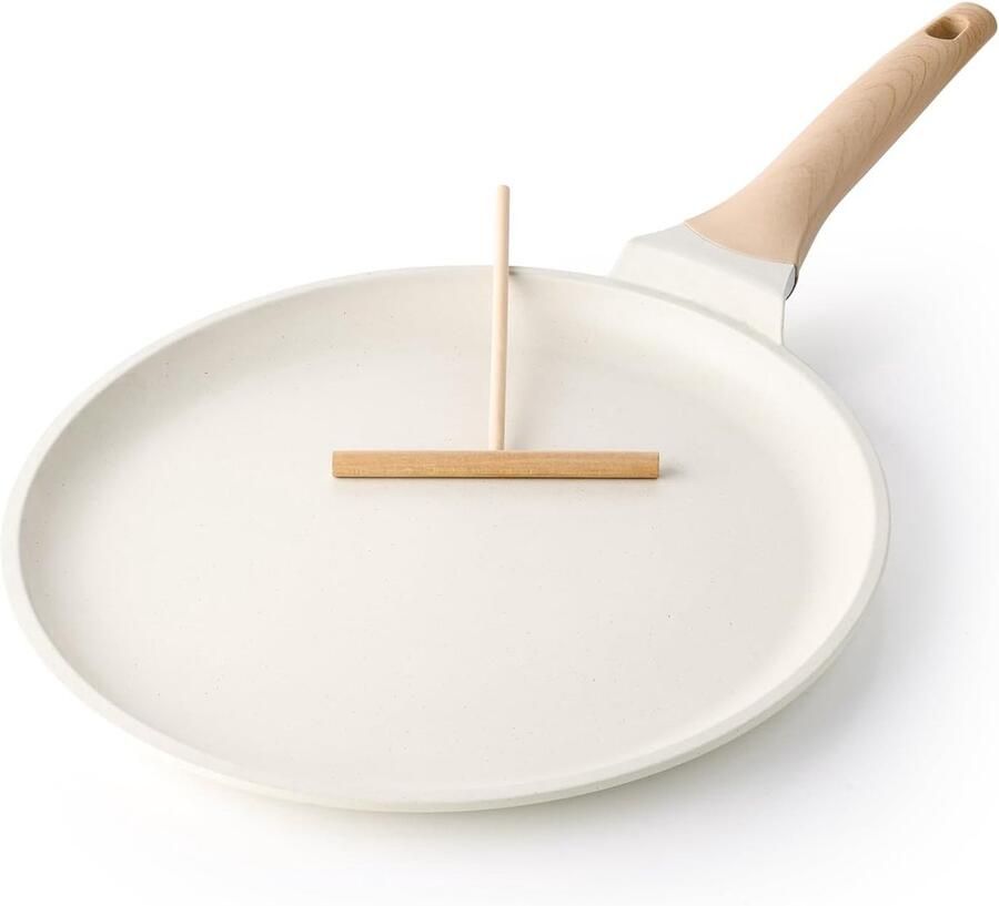 Antiaanbak Crêpepan 30 cm Dosa-pan met Spreider Platte Pannenkoekenpan met Gezonde Coating voor Kookplaat Geschikt voor Inductie PFOA-vrij Wit