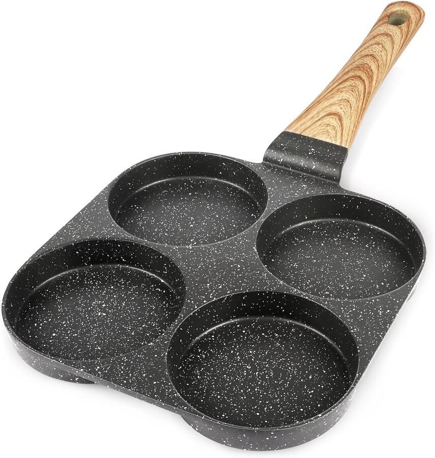 Antiaanbak-eierpan granieten omeletpan voor 4 gaten pannenkoekenpan met hittebestendig handvat geschikt voor alle fornuizen voor het ontbijt en campingpan(grijs)