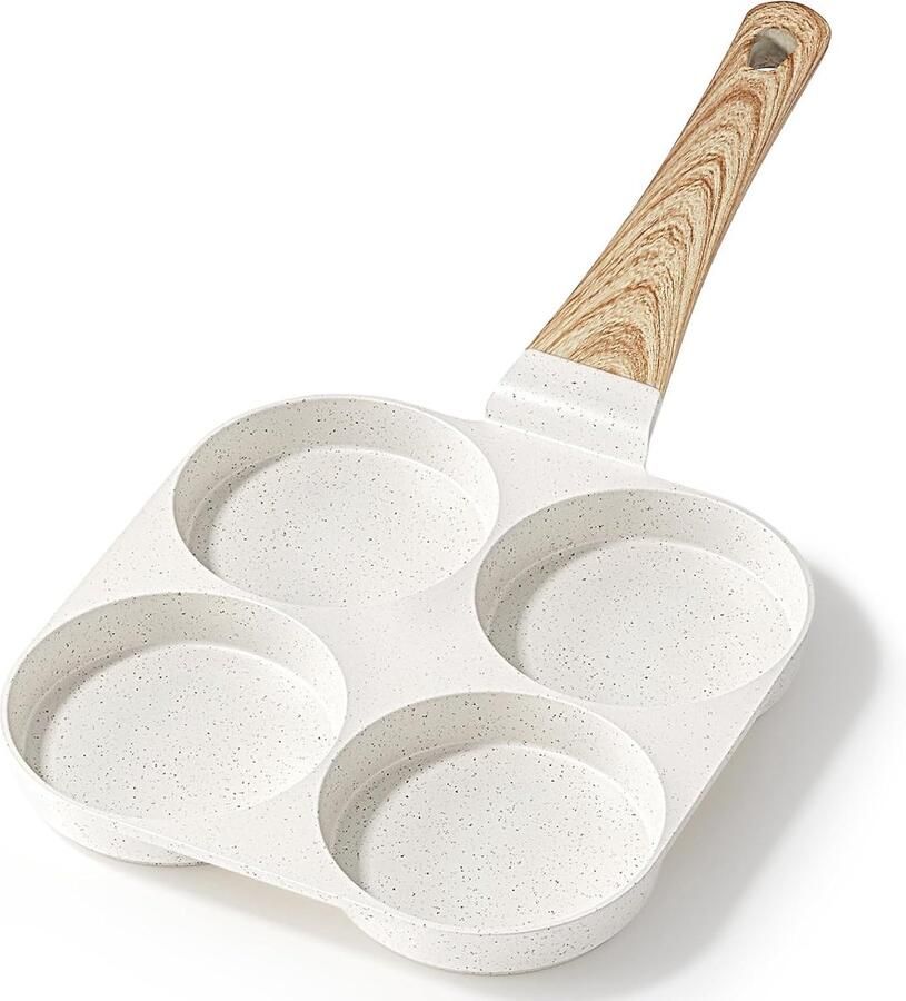 Antiaanbak-eierpan granieten omeletpan voor 4 gaten pannenkoekenpan met hittebestendig handvat geschikt voor alle fornuizen voor het ontbijt en campingpan(wit)