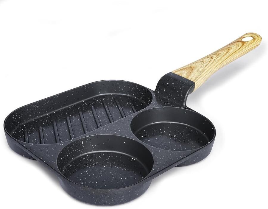 Antiaanbak eierpan Omeletpan 3 gaten Ontbijt bereiden Granieten coating 3 compartimenten Grijs