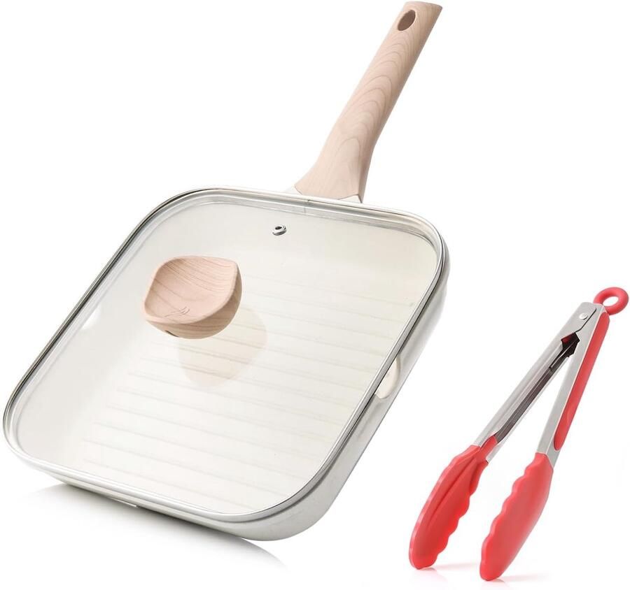 Antiaanbak Grillpan met Deksel voor Kookplaten 24 cm Vierkante Grillpan voor Binnengebruik Koekenpan met Gezonde Coating en Schenktuiten Geschikt voor Inductie PFOA-vrij Wit