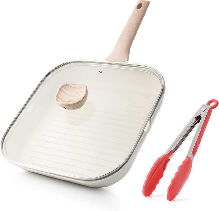 Antiaanbak Grillpan met Deksel voor Kookplaten 28 cm Vierkante Grillpan voor Binnengebruik Koekenpan met Gezonde Coating en Schenktuiten Geschikt voor Inductie PFOA-vrij Wit