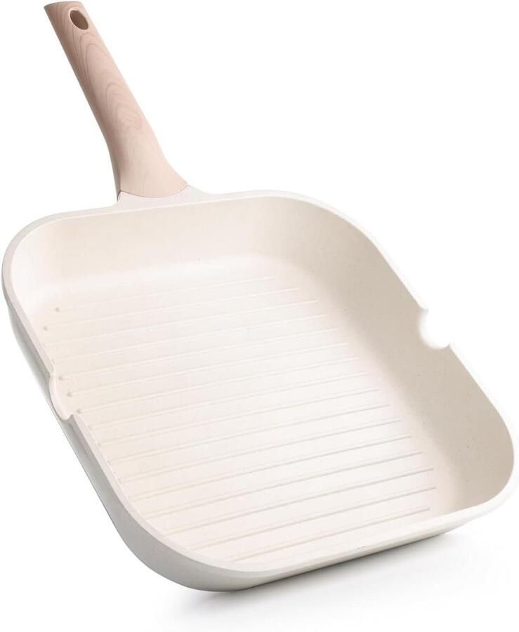 Antiaanbak Grillpan Vierkante pan Gezond koken Met schenktuiten 28 cm Wit