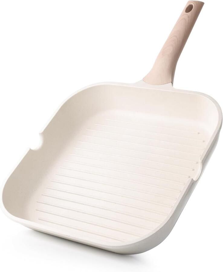 Antiaanbak Grillpan voor Inductiekookplaat 28 cm Vierkante Grillpan voor Binnengebruik Steakpan met Gezonde Coating en Schenktuiten PFOA-vrij Wit