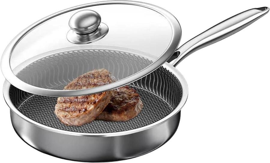 Antiaanbak Koekenpan Braadpan Rvs Gezond Koken Stoomdicht Deksel 26 cm Zilver