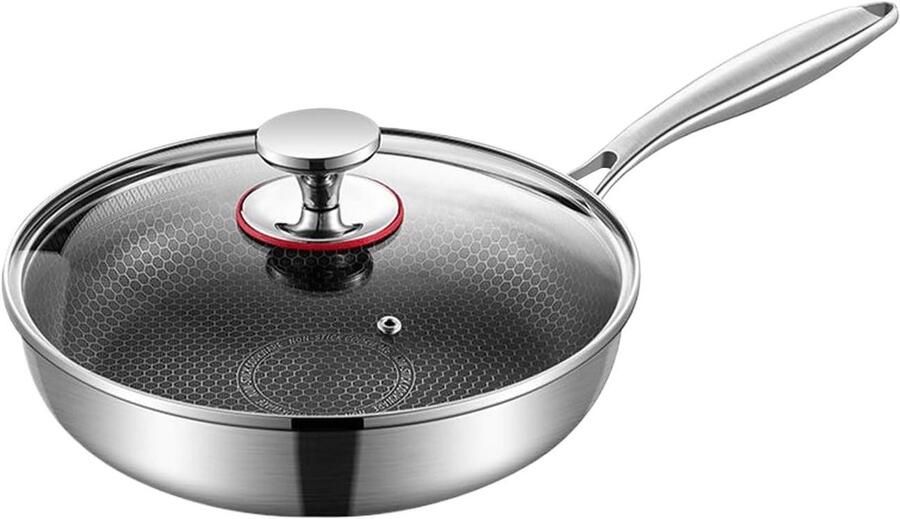 Antiaanbak Koekenpan Roestvrij Staal Pan Maaltijd Bereiding Gehard Glas Deksel 26 cm Zilver