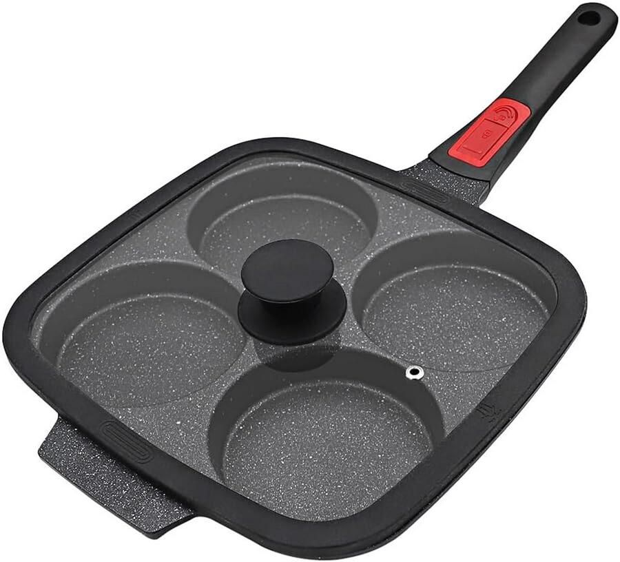 Antiaanbak Koekenpan voor 4 Gebakken Eieren met Deksel