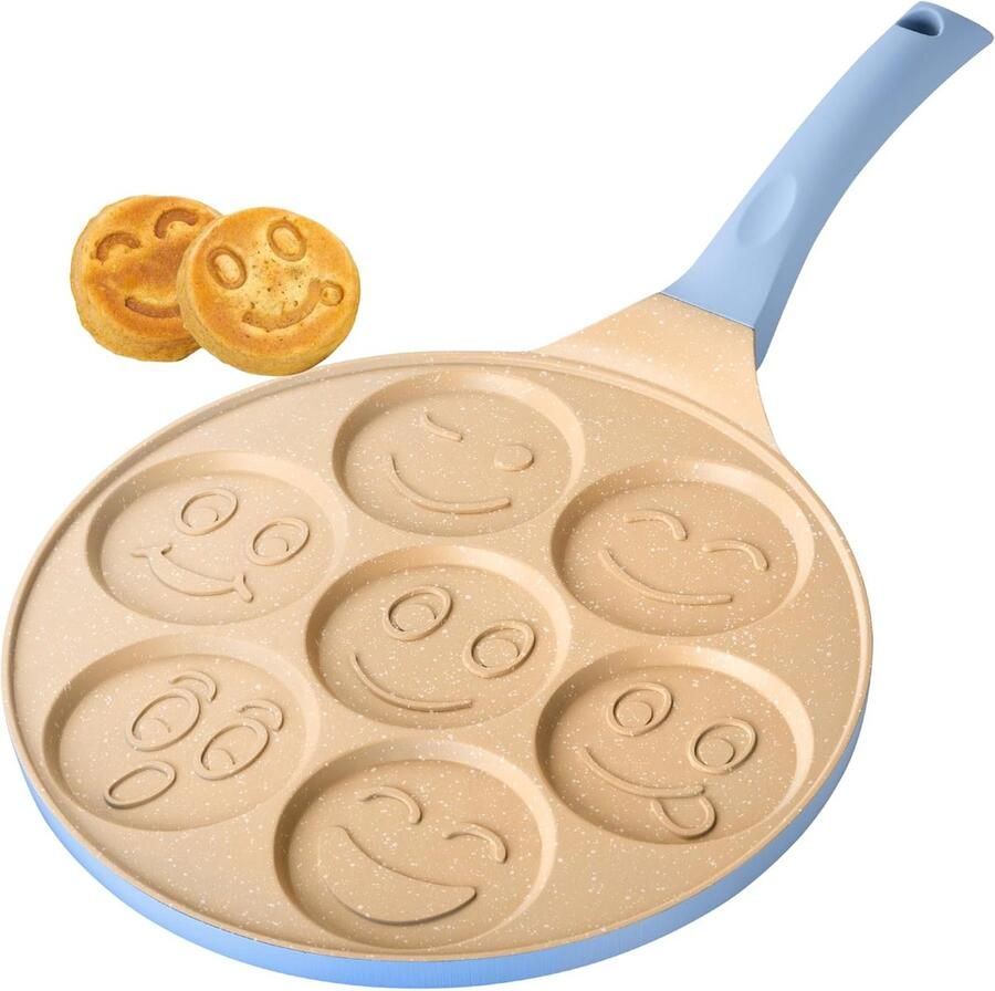 Antiaanbak Pannenkoekpan Design Gezichtjes Inductie Crêpepan Dubbele Laag. Soft-Touch Handvat. 7 Pannenkoeken of Crêpes. Voor het Hele Gezin. Leuke Ontbijten. Gelijkmatige Warmte