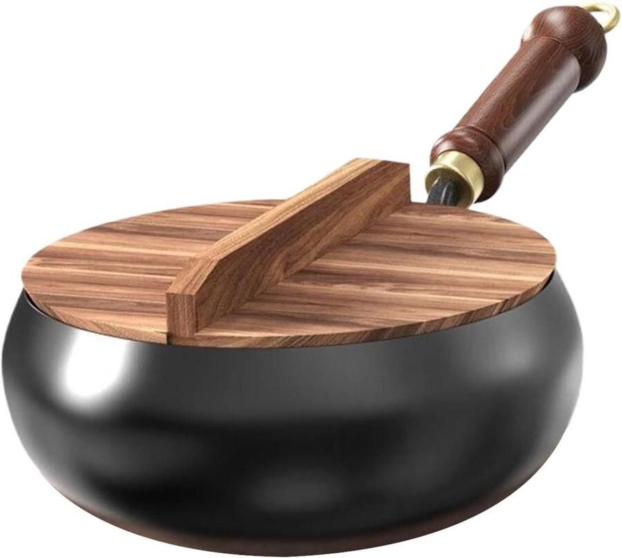 Antiaanbak Pannenset Kookgerei ijzer wok Koken en frituren Gelijkmatige warmteverdeling 24 cm Zwart