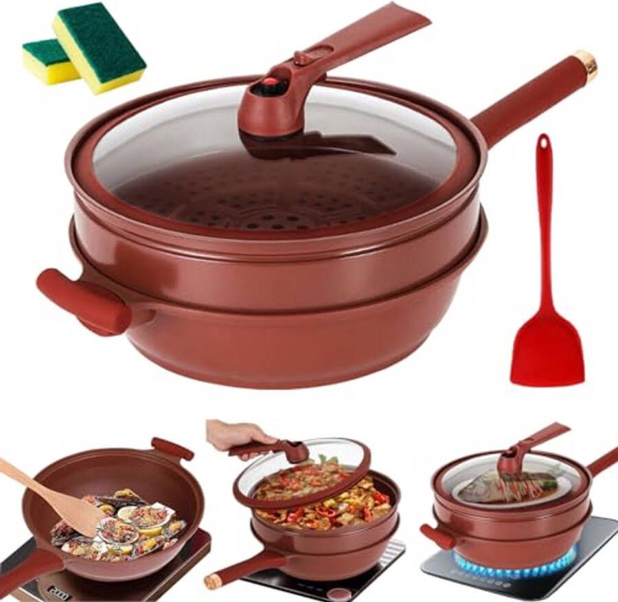 Antiaanbak wokpan met stoommand en siliconen spatel – Koken en stomen in 1 voor inductie en gas