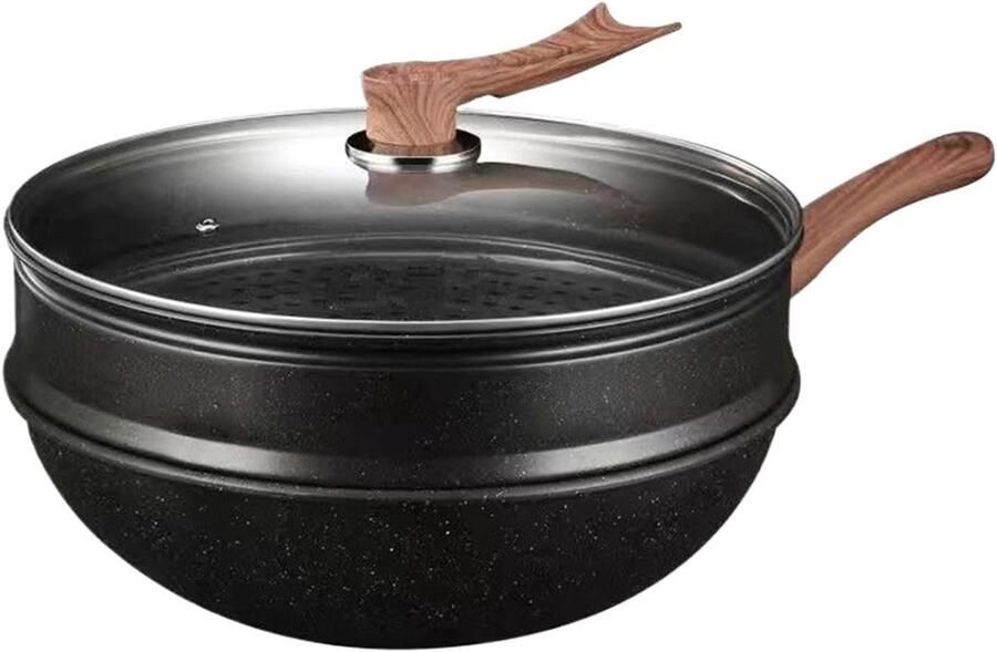 Antiaanbak Wokpan Roerbakpan met deksel Veelzijdig koken Gelijkmatige warmteverdeling 32 cm Zwart