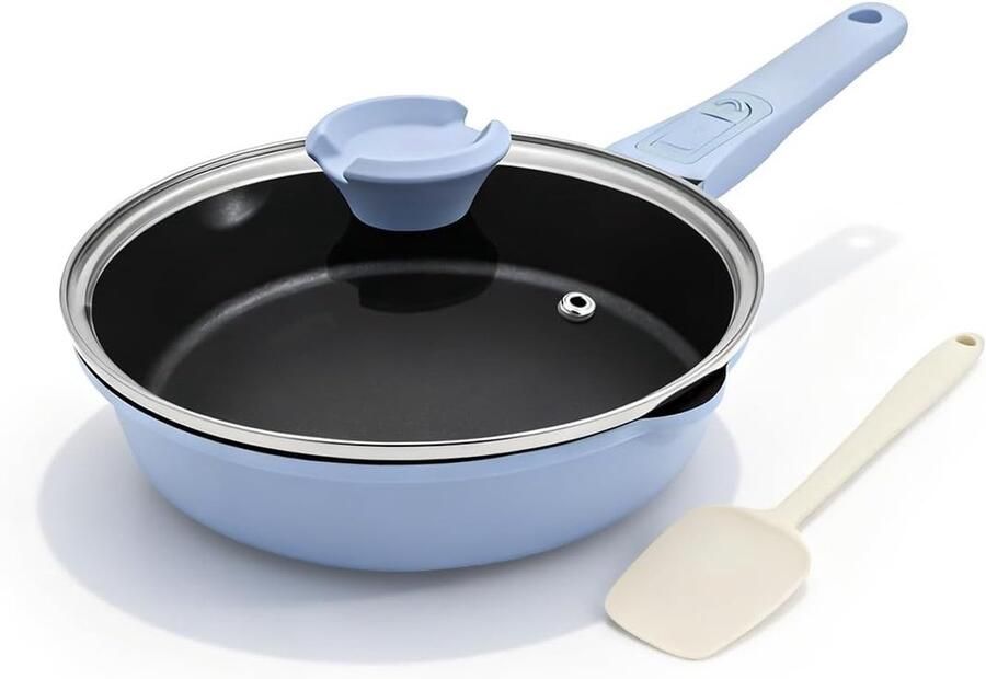 Antiaanbakbraadpan met Deksel Blauw 20 cm Aluminium Antiaanbakkoekenpan met Verwijderbare Handgreep Voor Alle Kookplaten