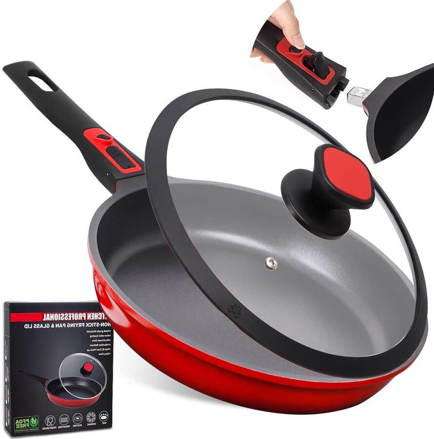 Antiaanbakpan met deksel Braadpan platte pan Koken op alle warmtebronnen Afneembare steel 28 cm Antraciet
