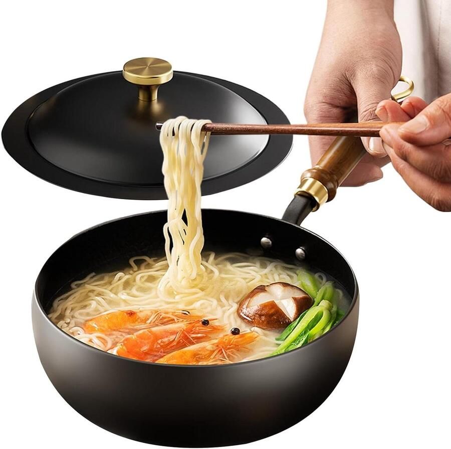 Antiaanbakpan Met Deksel Inductie Kookpan Gelijkmatig Koken Ovenbestendig Houten Handvat 20 cm Diameter Zwart