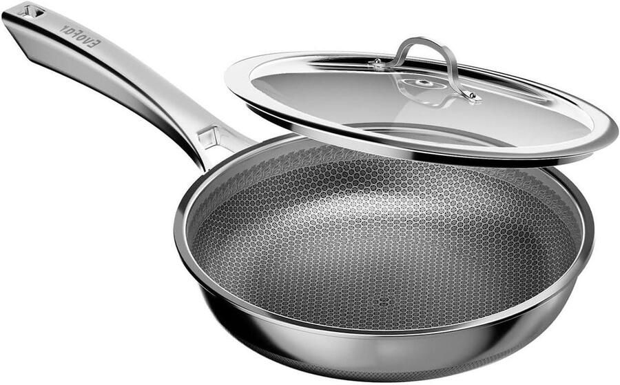 Antiaanbakpan met deksel Koekenpan Inductie Gelijkmatig Koken Tri-Ply Roestvrij Staal 24 cm Zilver