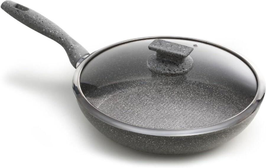 Antiaanbakpan met deksel Koekenpan Steenlook Gezond Koken Inductie Geschikt 24 cm Zwart