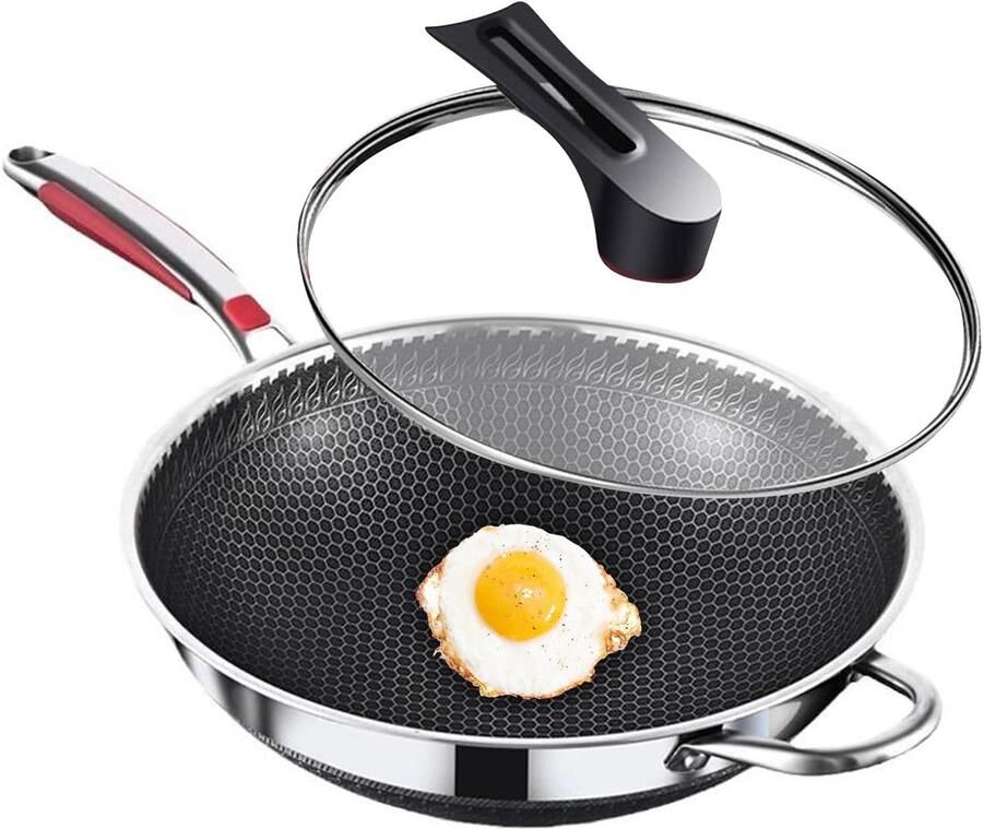 Antiaanbakpan met deksel Koekenpan Wok Gezond Koken 316 Roestvrij Staal 32 cm Zilver