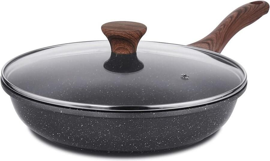 Antiaanbakpan met Deksel Omeletpan Graniet Eten Bakken Zwitserse Granietcoating 28 Centimeter Zwart