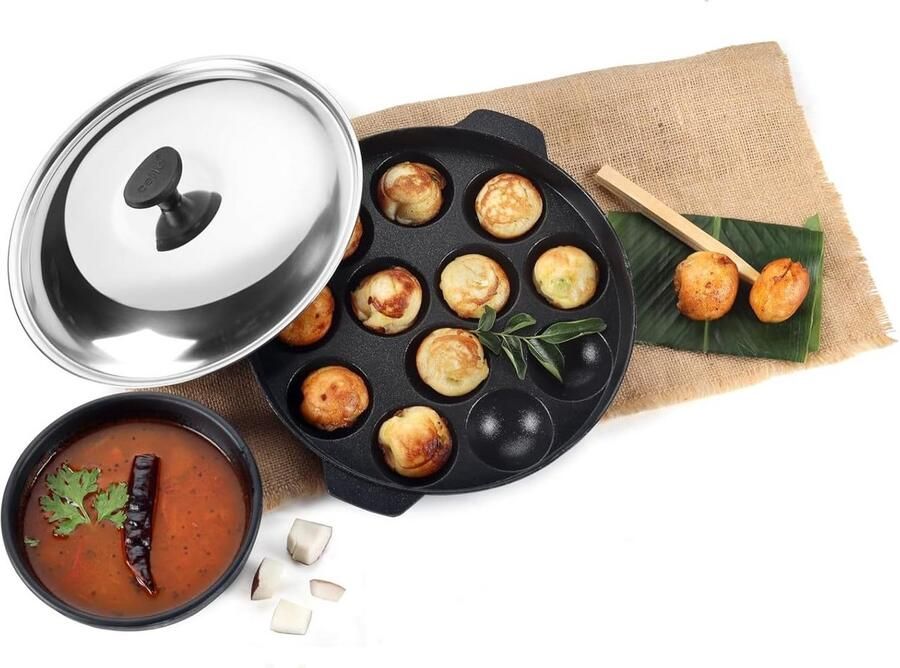 Appam Pan 12-delig met Deksel Anti-aanbak Pan voor Pannenkoeken en Kleine Bakvormen