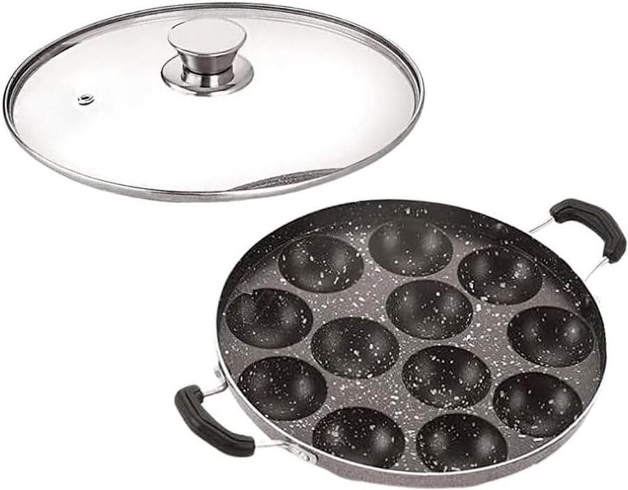 Appam Pan Appam Patra Lekkere Snacks Maken 12 Holtes Non-stick 31.75 cm Zwart