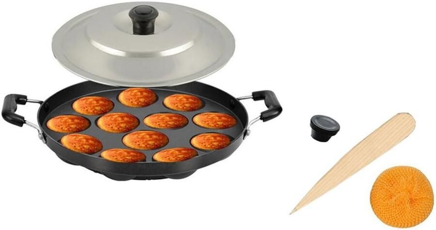 Appam Pan met Deksel Paniyaram Aebleskiver Pan Non-Stick en Geschikt Voor 12 Stuks