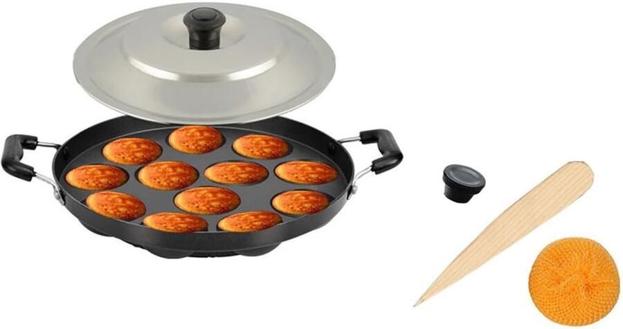 Appam Pan Poffertjes Pan Ontbijt Maken Non-stick Coating 12 Gaten Zwart