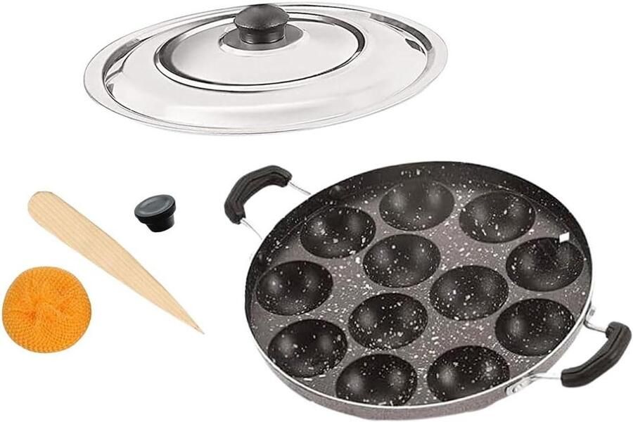 Appam Pan Paniyaram Pan Maker Appam Maken Non Stick Aluminium 12 Pits Zwart Zilver