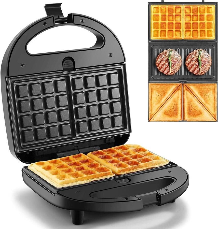 Apparaat 3-in-1 Sandwichmaker Wafelijzer Grill Ontbijt Bereiden Afneembare Platen 750W Zwart