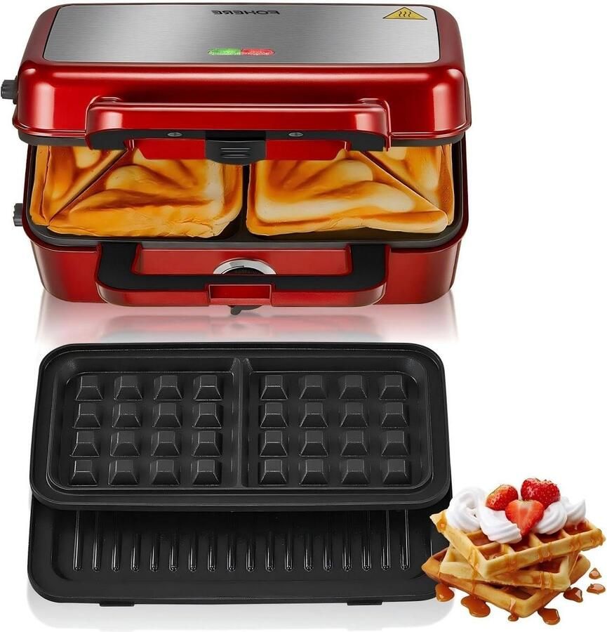 Apparaat 3-in-1 Sandwichmaker wafelijzer Snelle maaltijden maken 5-traps temperatuurregeling 1200 Watt Vintage rood