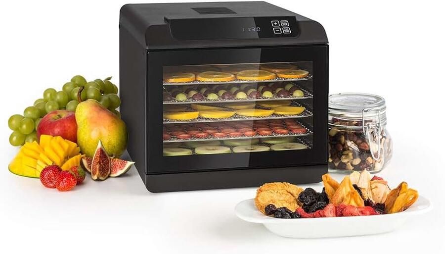 Arizona Jerky Voedseldroger Dehydrator droogt fruit vlees en vruchten 500 W 35-70°C 6 vaatwasserbestendige inlegvakken korte droogtijd Touch-display zwart