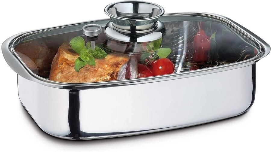 Aroma Braadpan Stoompan met Knop in Deksel RVS Geschikt voor Alle Kookplaten Inclusief Inductie