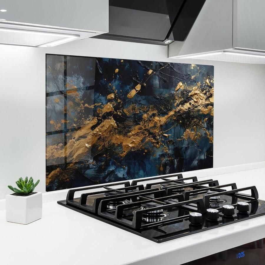 ARTHUB Keuken achterwand spatscherm van glas 60x100 cm 5mm gehard glas Spatbescherming Glazen plaat Spatbescherming voor fornuis Gehard glas Abstract Gold Explosion