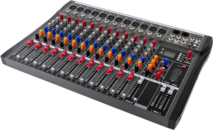 Audio-mixer 12-kanaals stereo met 48 V fantoomvoeding DJ-mixer board live studio met USB Sound Console Amplifier mengpaneel audio-interface met Bluetooth DJ Sound Console Amplifier