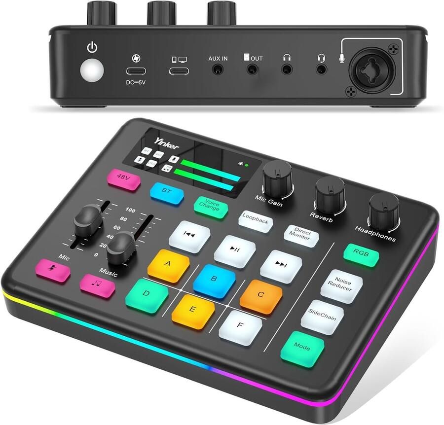 Audiomixer RGB Audio-interface met 48V Phantom Power Bluetooth Voice Changer 6 Aangepaste Geluidspads voor Live Streaming Podcasting Opname