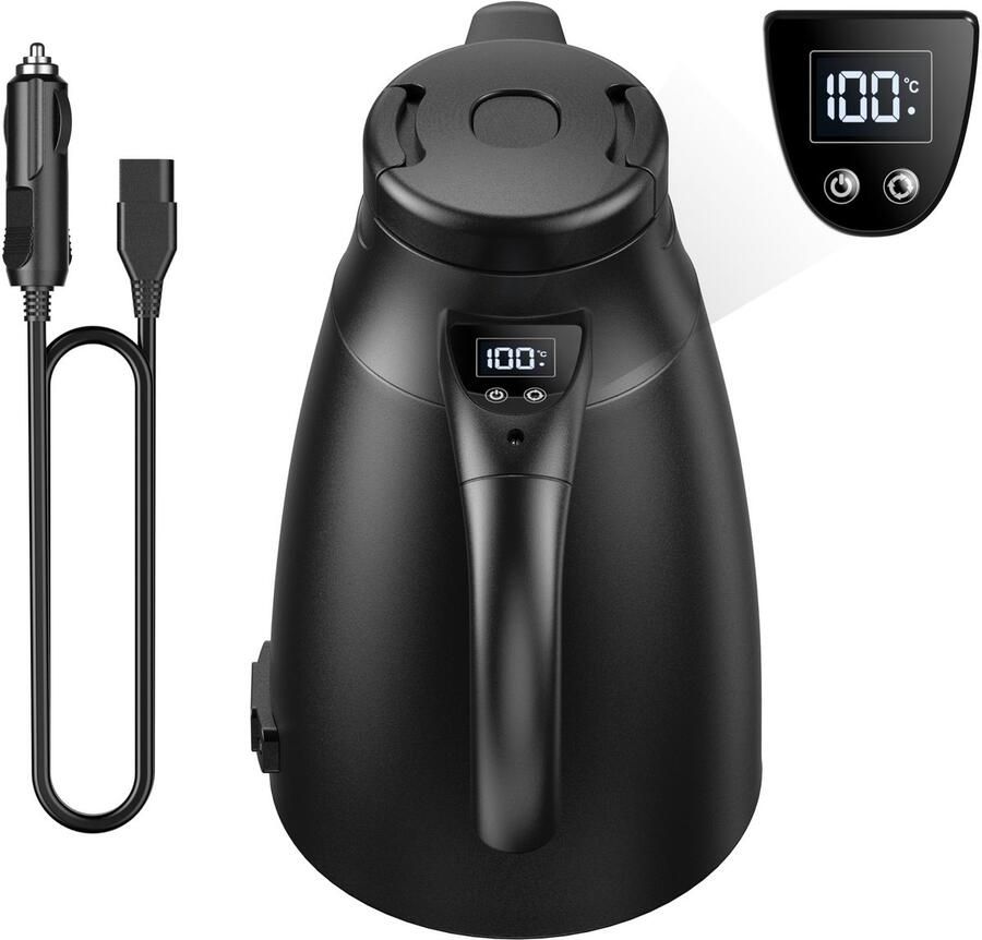 Auto Elektrische Waterkoker 12V 24V met 240W Digitaal Scherm en Dubbele Wand – 304 RVS Reiswaterkoker met Snel Verwarmen en Warmhoudfunctie