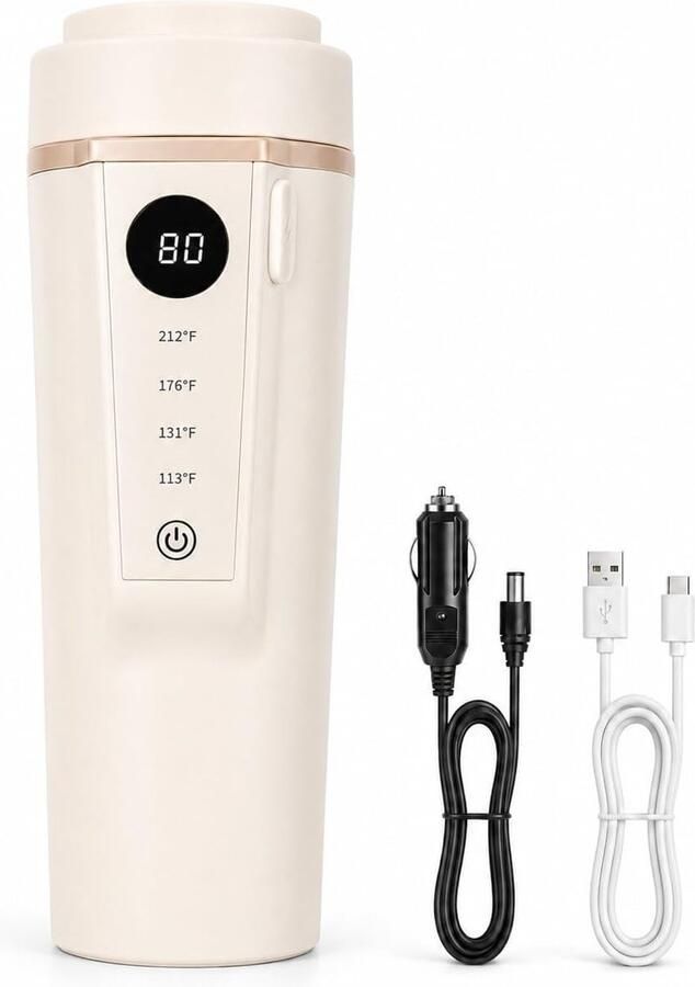 Auto reis elektrische waterkoker 400 ml beige 12V‑24V 316 roestvrij staal verwarmingsmok variabele temperatuurregeling anti‑mors deksel USB warmhoudbeker voor thee en koffi